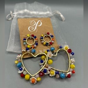 Plunder Design HAYLEBETH Gold Heart Beaded Floral 2.5" Drop Earrings NEW